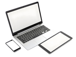 Modern laptop tablet and smartphone displaying blank screens