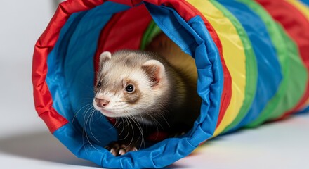 Adorable ferret peeking out of a colorful rainbow tunnel, playful pet