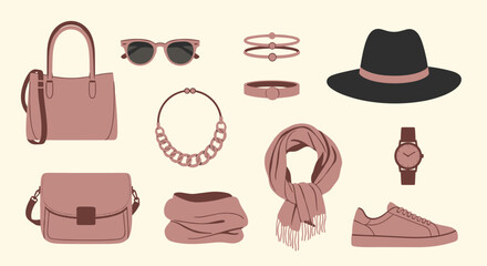 Stylish fashion accessories collection, flat lay on cream background, pastel pink color palette