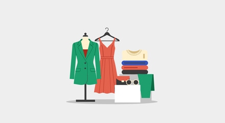 Fashion illustration of clothes on display, minimalist design, green jacket, red dress, white background