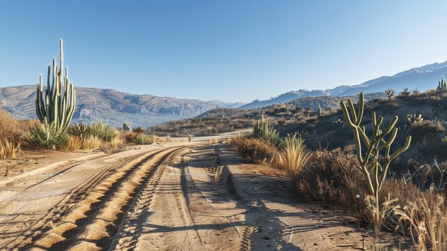 A dusty track winds through a serene desert landscape, featuring cacti and dry vegetation under a clear blue sky. Ideal for nature or travel themes. - Powered by Adobe