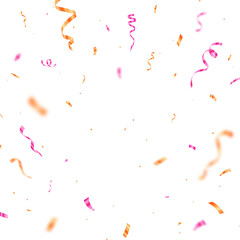Festive falling confetti and ribbon streamers for celebration on white background, birthday, anniversary.
