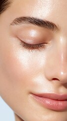 Fototapeta premium Hydrating Makeup Look Cinematic Glow Radiant skin showcasing natural beauty and glow. Hydrating Makeup Look