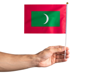 Realistic Maldives Flag Held in Hand, Front View, Isolated on Transparent .