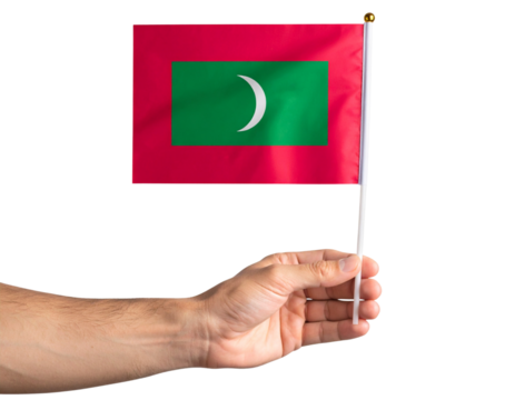  Realistic Maldives Flag Held in Hand, Front View, Isolated on Transparent .
