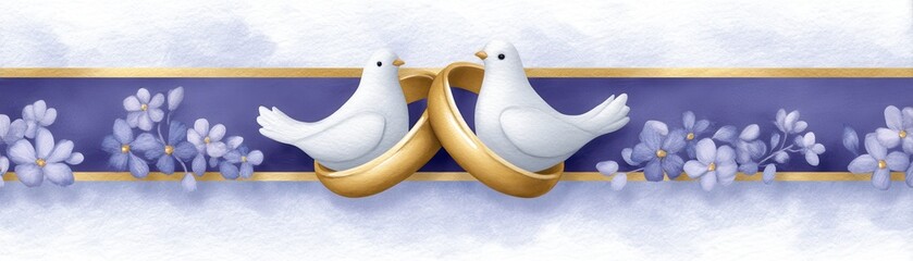Two doves of peace with golden rings and delicate floral accents, signifying love and commitment. The doves are nestled within a heart-shaped arrangement. A harmonious and gentle scene.