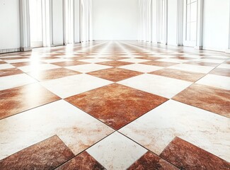 Elegant Checkerboard Floor Pattern with Sunlit Reflection in Spacious Room Interior