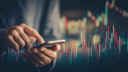 A businessman checking stock market data on smartphone with financial graphs in background