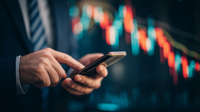 A businessman checking stock market data on smartphone with financial graphs in background - Powered by Adobe