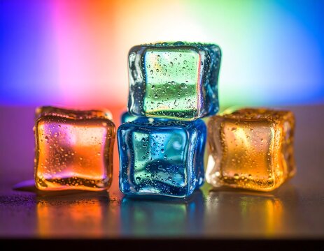 Colorful ice cubes stacked against a vibrant gradient background glistening with water droplets