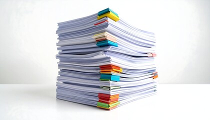 A large stack of papers secured with colorful binder clips sits on a white surface against a white background