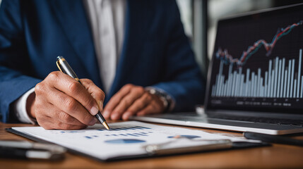 Businessman signing a document beside a laptop showing financial charts