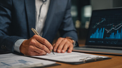 Businessman signing a document beside a laptop showing financial charts