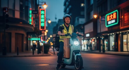 Delivery person riding scooter on city street at dusk
