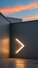 Illuminated Arrow Sign on Industrial Building at Sunset