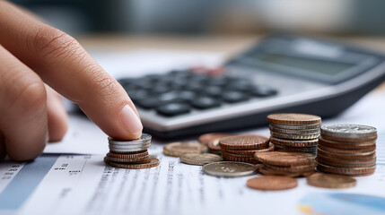 Close-up hand pressing calculator with financial documents and coins
