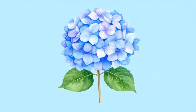 A single blue hydrangea blossom with two leaves on a light blue background