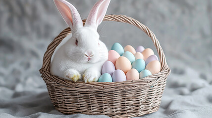 Bunny sits in basket filled with pastel eggs. Easter holiday, seasonal, festive, greeting card, design element, marketing.