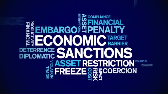 Economic Sanctions animated word cloud-text design animation tag kinetic typography seamless loop.