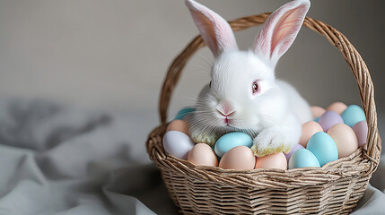 Bunny sits in Easter basket filled with eggs. Use for holiday ads, websites, spring designs.