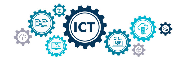 ICT banner web icon for business and futuristic, Information, communication and technology icons. Minimal cartoon vector infographic.