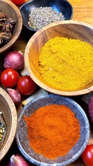 Colorful spice bowls featuring curry, paprika, cumin, ripe tomatoes, and chopped onions displaying rich culinary ingredients for flavor enhancement