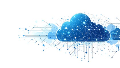 Abstract cloud computing network graphic; interconnected nodes and data streams