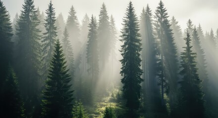 Fototapeta premium Dense forest sunlight rays trees misty woodland scene