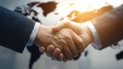 Investors shaking hands after signing global business partnership deal