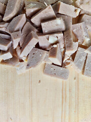 Overhead View of Diced Meatballs on Wood