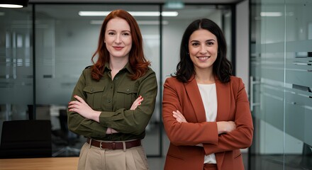 This image shows two confident women in a modern office.