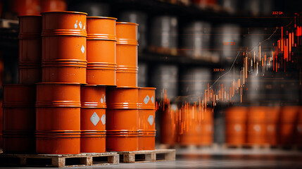 Oil barrels stacked in warehouse with rising price chart overlay