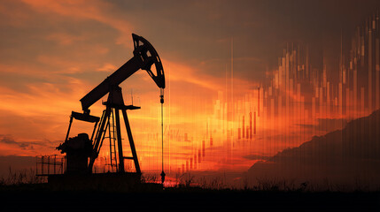 Oil pump jack silhouette at sunset with financial infographic overlay