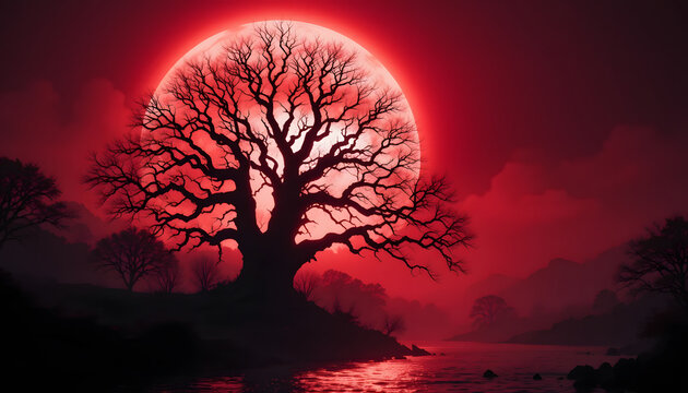 night landscape with moon and tree 4k pc wallpaper