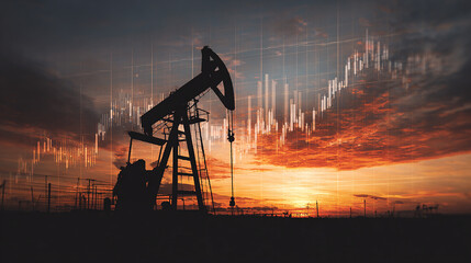 Oil pump jack silhouette at sunset with financial infographic overlay