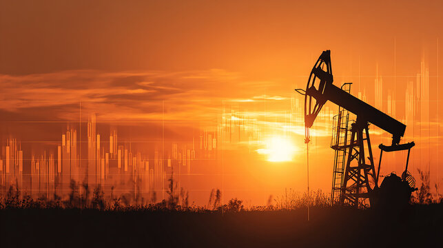 Oil pump jack silhouette at sunset with financial infographic overlay