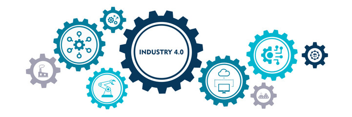 Industry 4.0 banner web icon vector for business and industry, smart industrial revolution, Ai, automation, robotic assistants, iot, cloud, bigdata and cyber security. Minimal flat infographic.