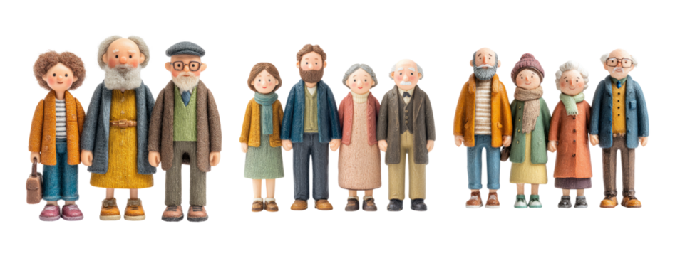 Diverse Group of Cartoon Elderly and Young Characters in Attire