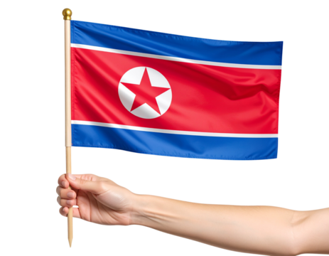 Realistic North Korea Flag Held in Hand, Front View, High Resolution, Isolated on Transparent Background.