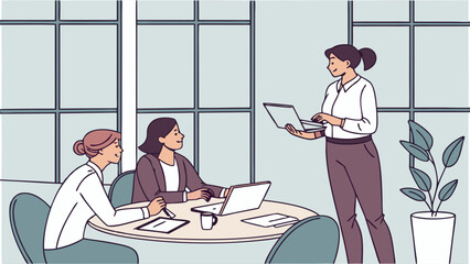 Professional Women Business Meeting Illustration Flat Design Modern Office Teamwork Collaboration Laptop Presentation
