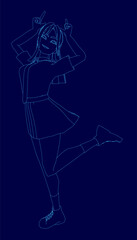 A young college girl in uniform stands with hands on her head, depicted in a clean blue contour line drawing. The minimalist illustration contrasts against a dark blue background.