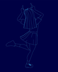A young college girl in a school uniform stands with hands on her head, depicted in clean contour line art. The dark blue background emphasizes the minimalist style.