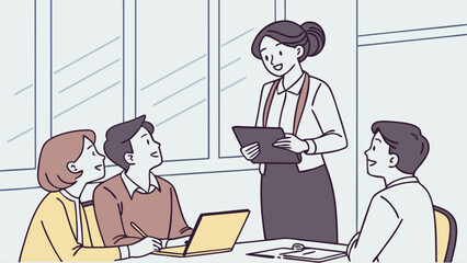 Team Meeting Illustration: Businesswoman Leading Presentation, Minimalist Line Art Style, Office Setting, Collaboration