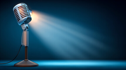 An illuminated vintage microphone stands spotlighted on a dark blue stage, awaiting a performance.

