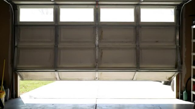 Semi-open garage door with white panels and windows at top, dark interior