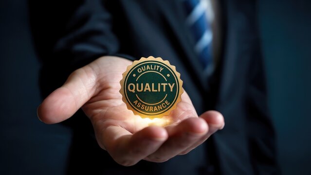 Professional holding glowing quality assurance badge, symbolizing excellence and reliability in business.