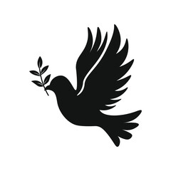 Black and white dove flying carrying an olive branch on a white background. Vector illustration