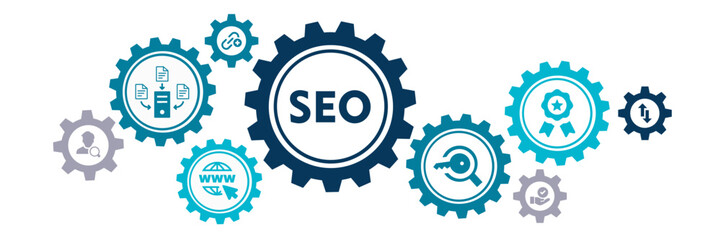 SEO search engine optimization banner web icon for business and marketing, traffic, ranking, optimization, link and keyword. Minimal vector infographic.