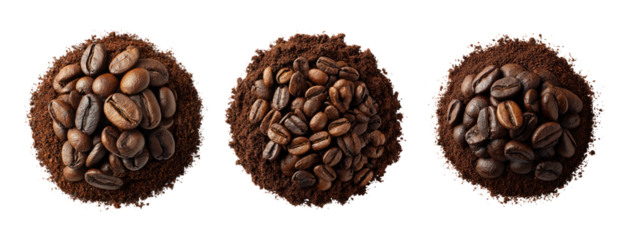 Coffee Varieties of Whole Beans and Ground Coffee on White Background