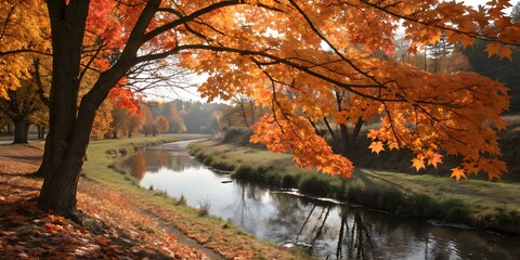 autumn in the forest/ maple trees near a river 4k pc wallpaper